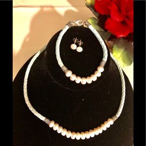 925 WJ Leather & Pearls Necklace/Bracelet/Earrings